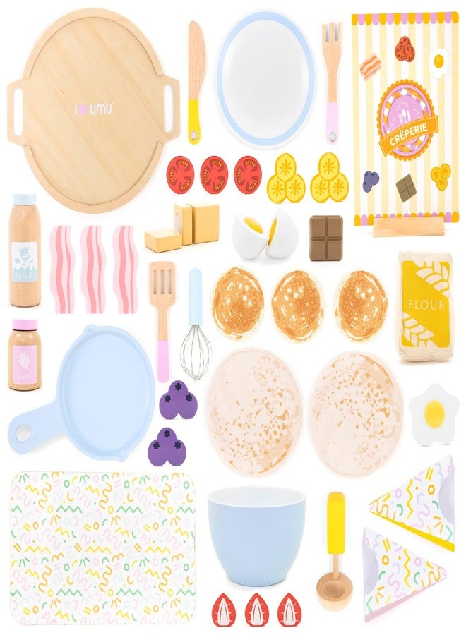 UMU® Wooden Pancake Play Set - 44 Pcs Pretend Cooking Toy with Pan, Spatula, Syrup, Toppings & More - Kitchen Play Food Set for Kids Ages 3 4 5 - Image 1